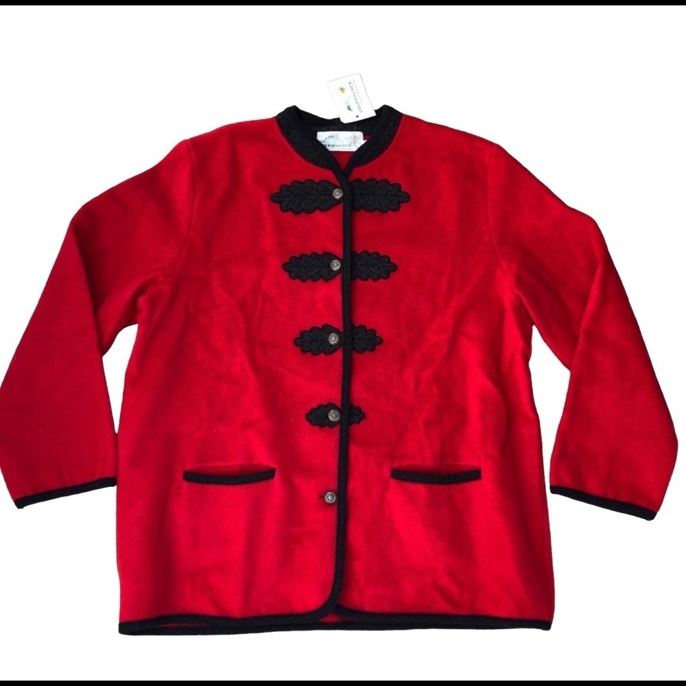 🌟 NWT Vintage Berwalder Red Wool Button Up Coat Folk Style Size 48 Statement